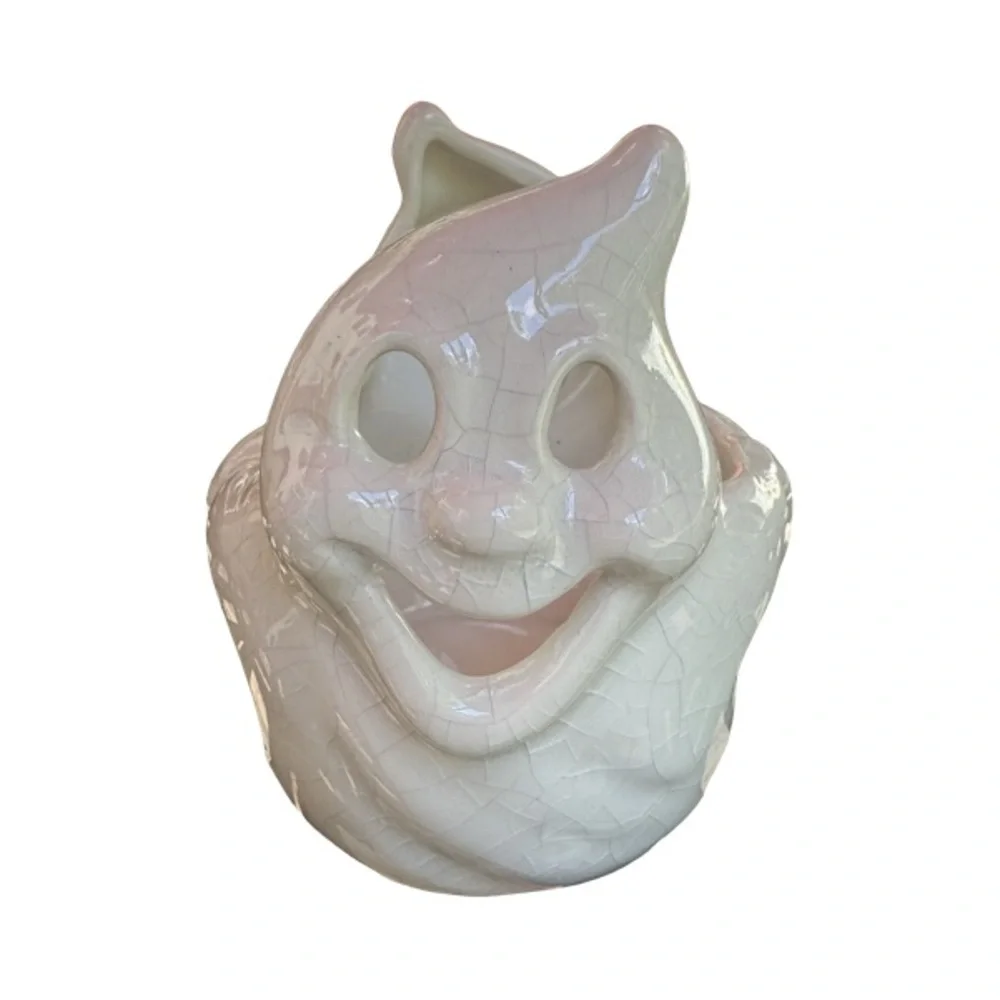 Charming Set of 2 Ceramic Ghost Tealight Holders w/ Crackle Finish